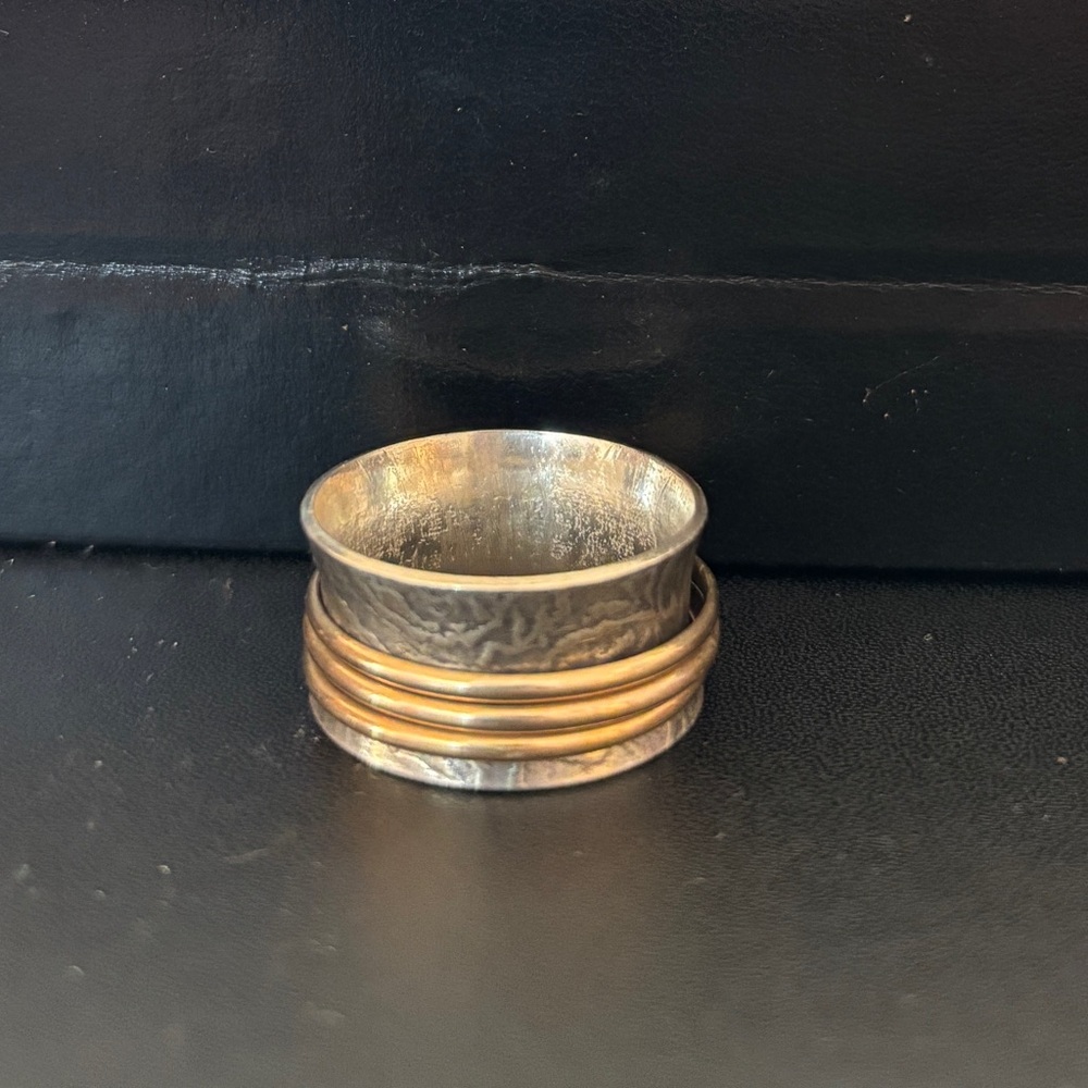 Handcrafted Sterling Silver and 14k gold Spinner ring size 10.